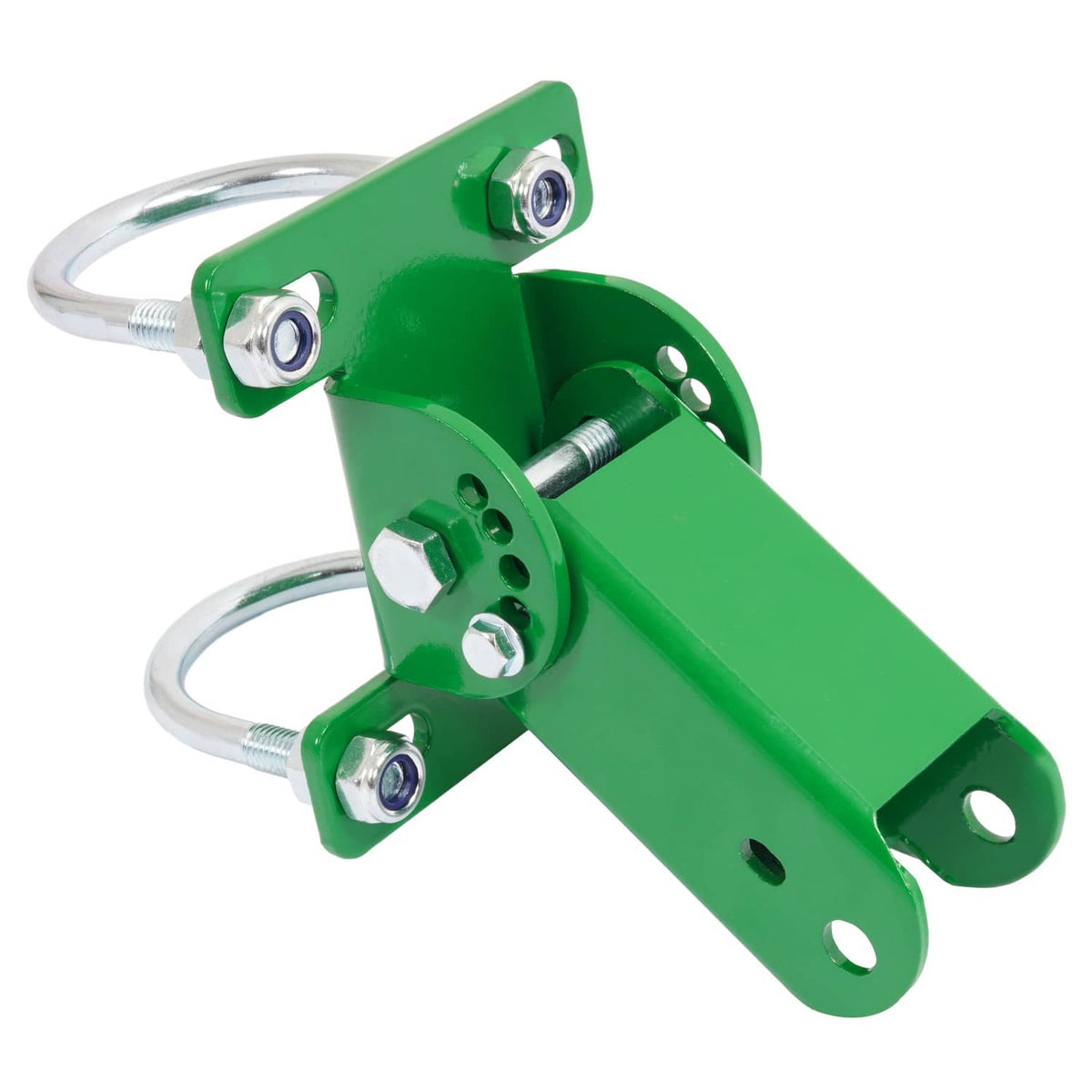 Close-up of green trimmer rack holder end bracket with silver mounting hardware
