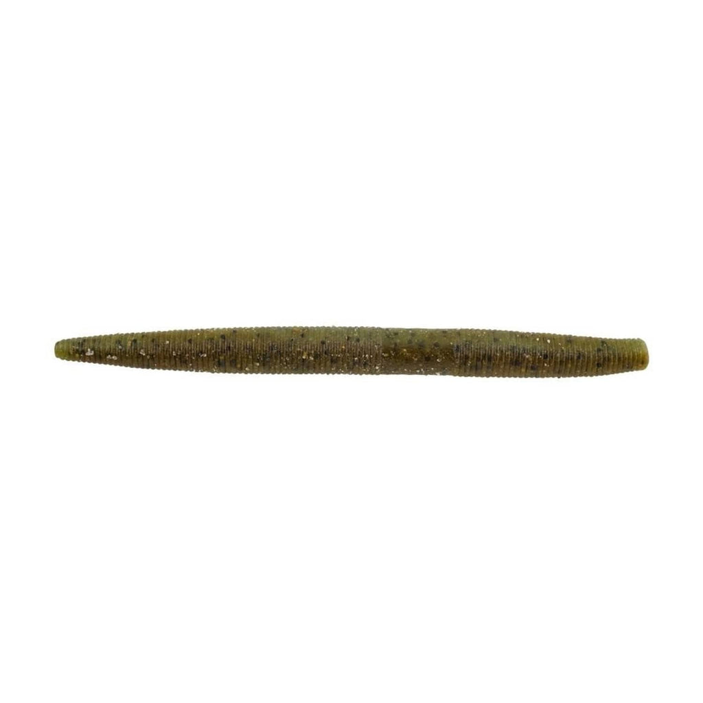 Olive green ribbed soft stick bait, slender worm shape