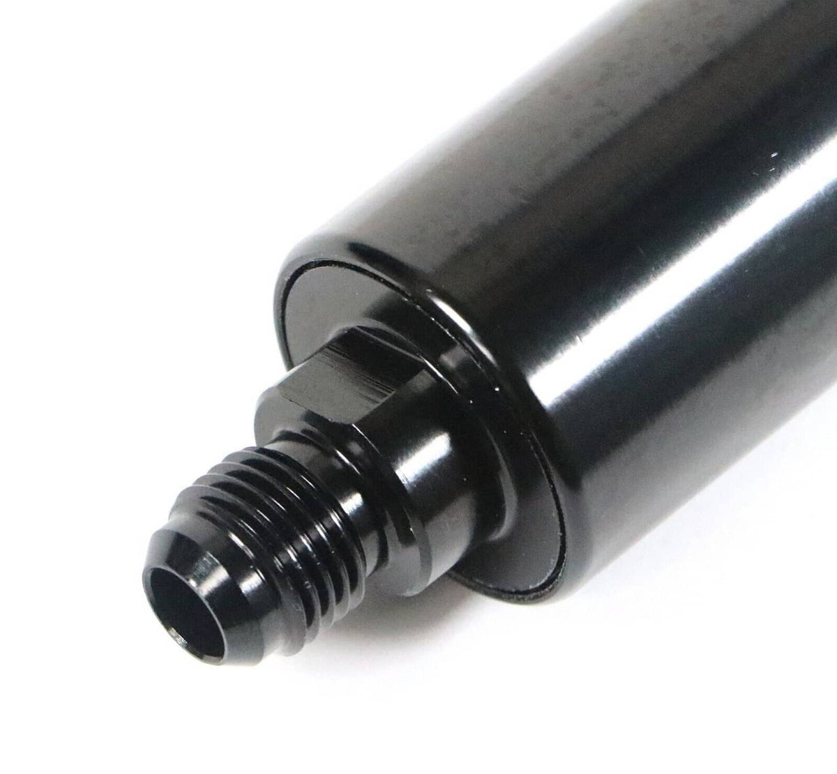 Inline AN6 fuel filter connector close-up, black housing and threaded port