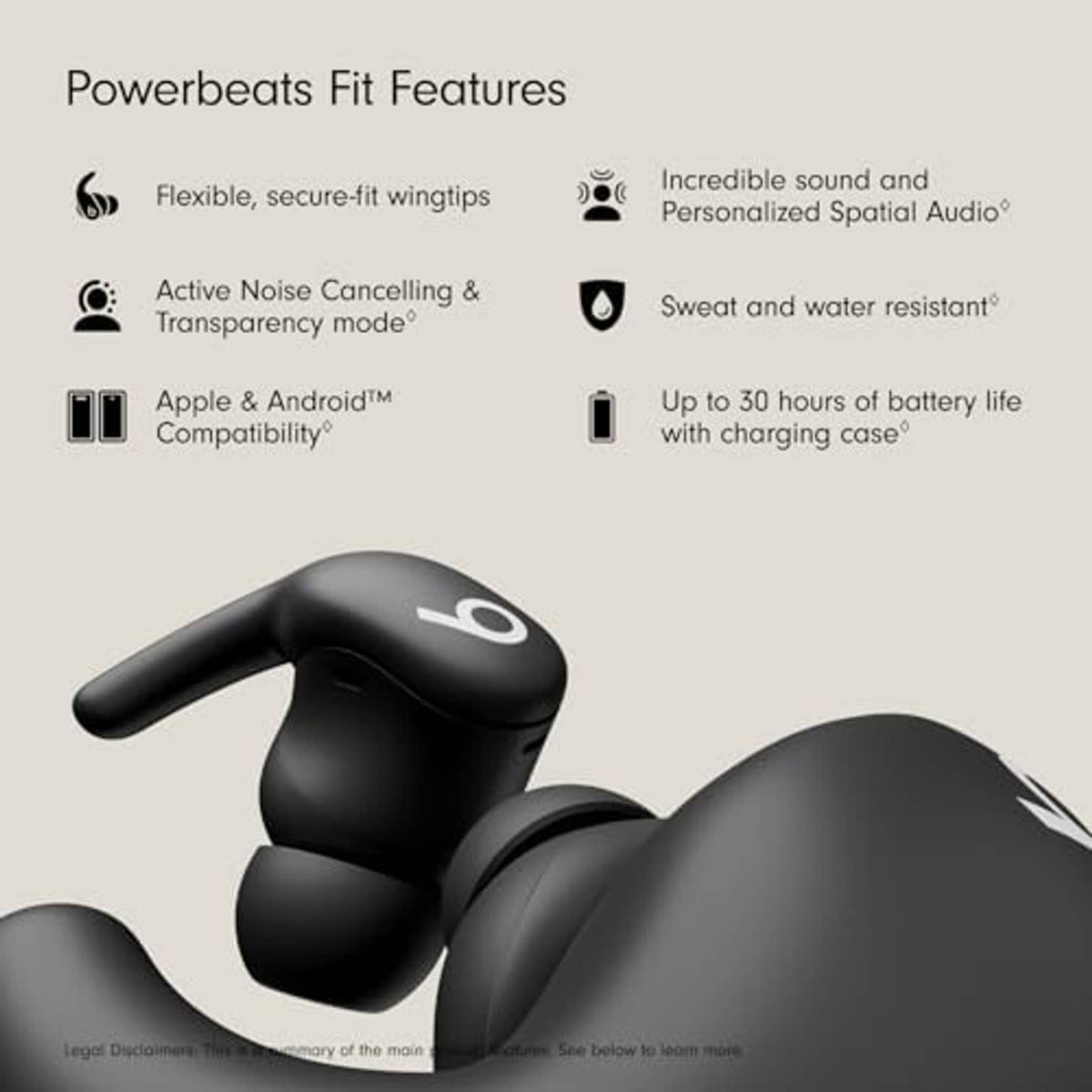 Black wireless earbuds with secure-fit wing tips and matching charging case render