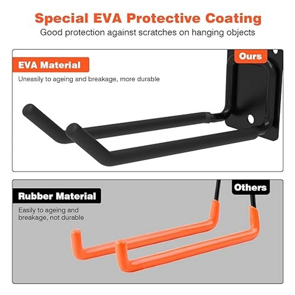 Black EVA-coated hook and orange rubber-coated hook with curved arms