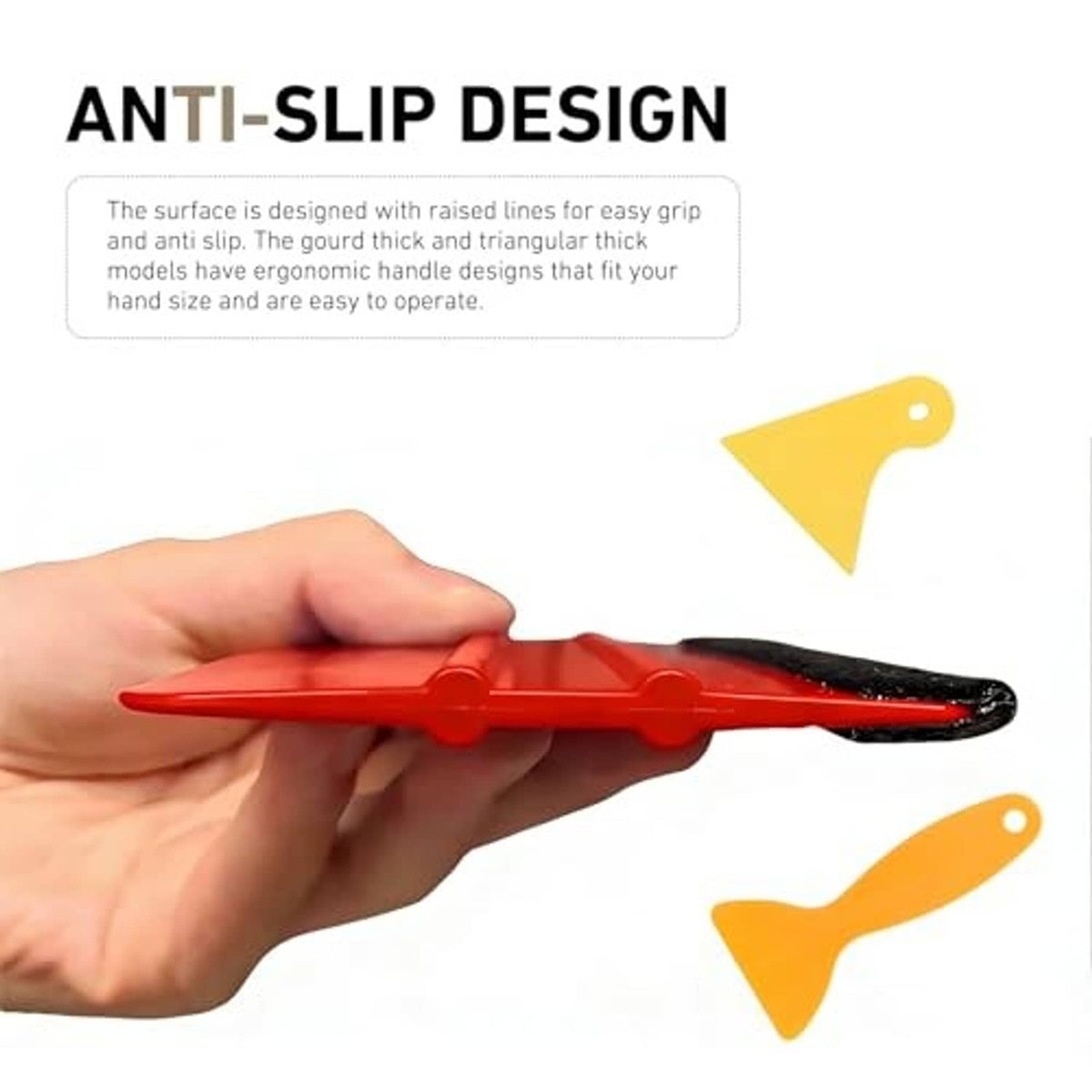 Red-handled felt edge squeegee with orange triangular scraper head, anti-slip grip