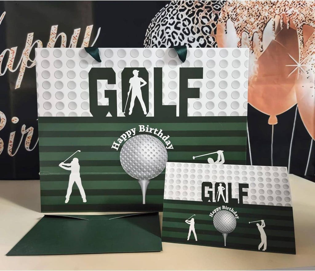 Golf birthday gift bag set with matching greeting card and envelope, green and white design