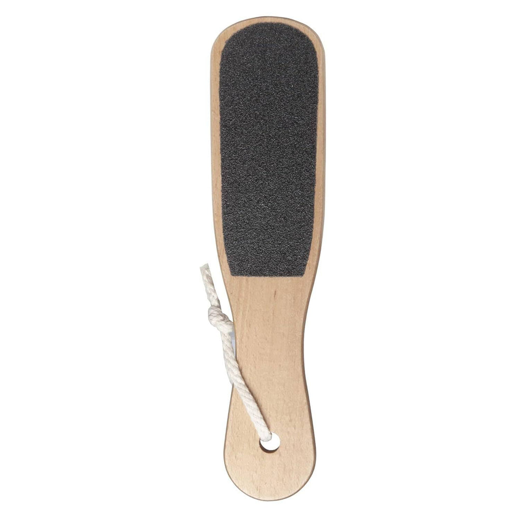 Double-sided wooden foot file with black abrasive pad and hanging loop