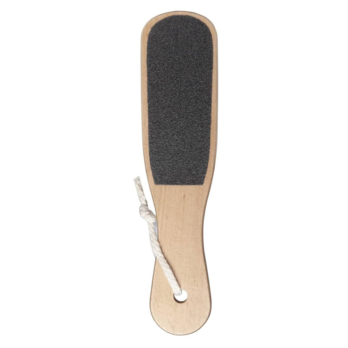 Double-sided wooden foot file with black abrasive pad and hanging loop