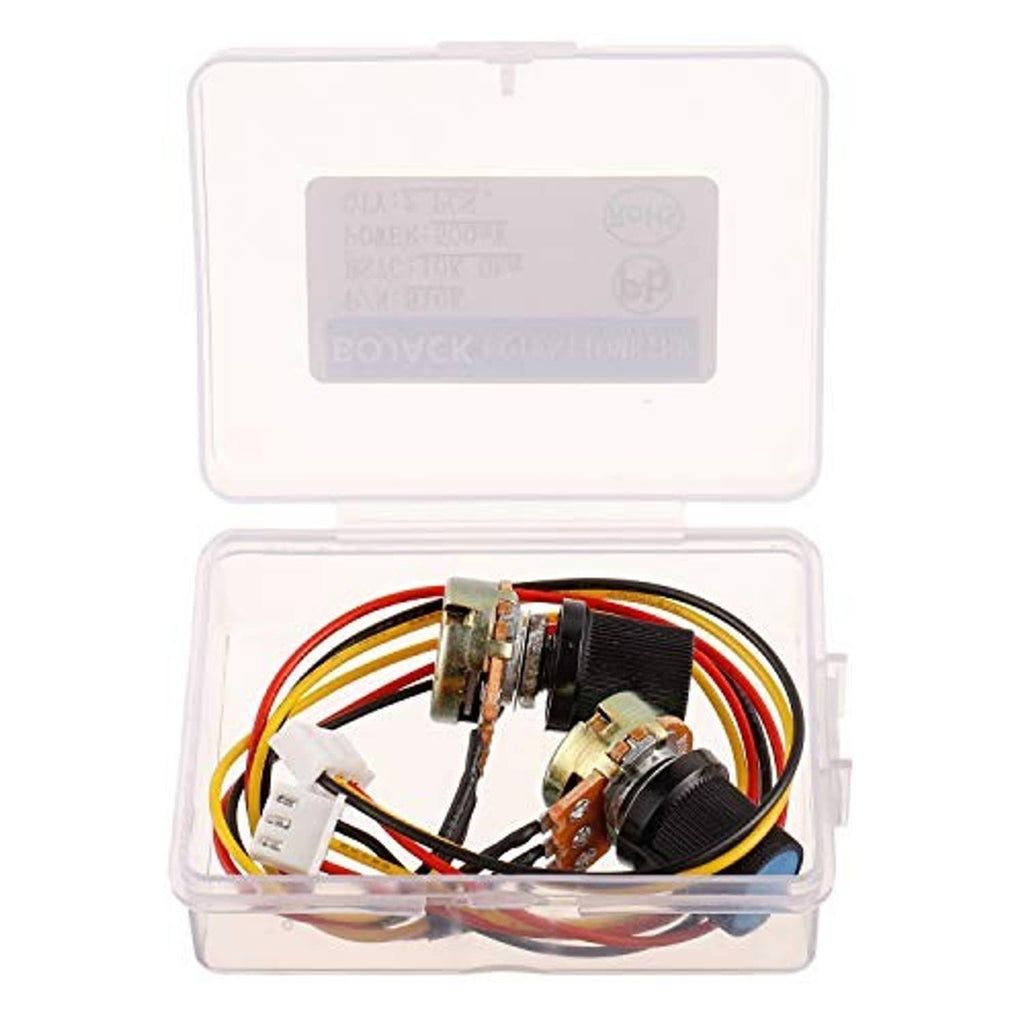 Potentiometer set in clear plastic case with rotary control, wiring, and connectors