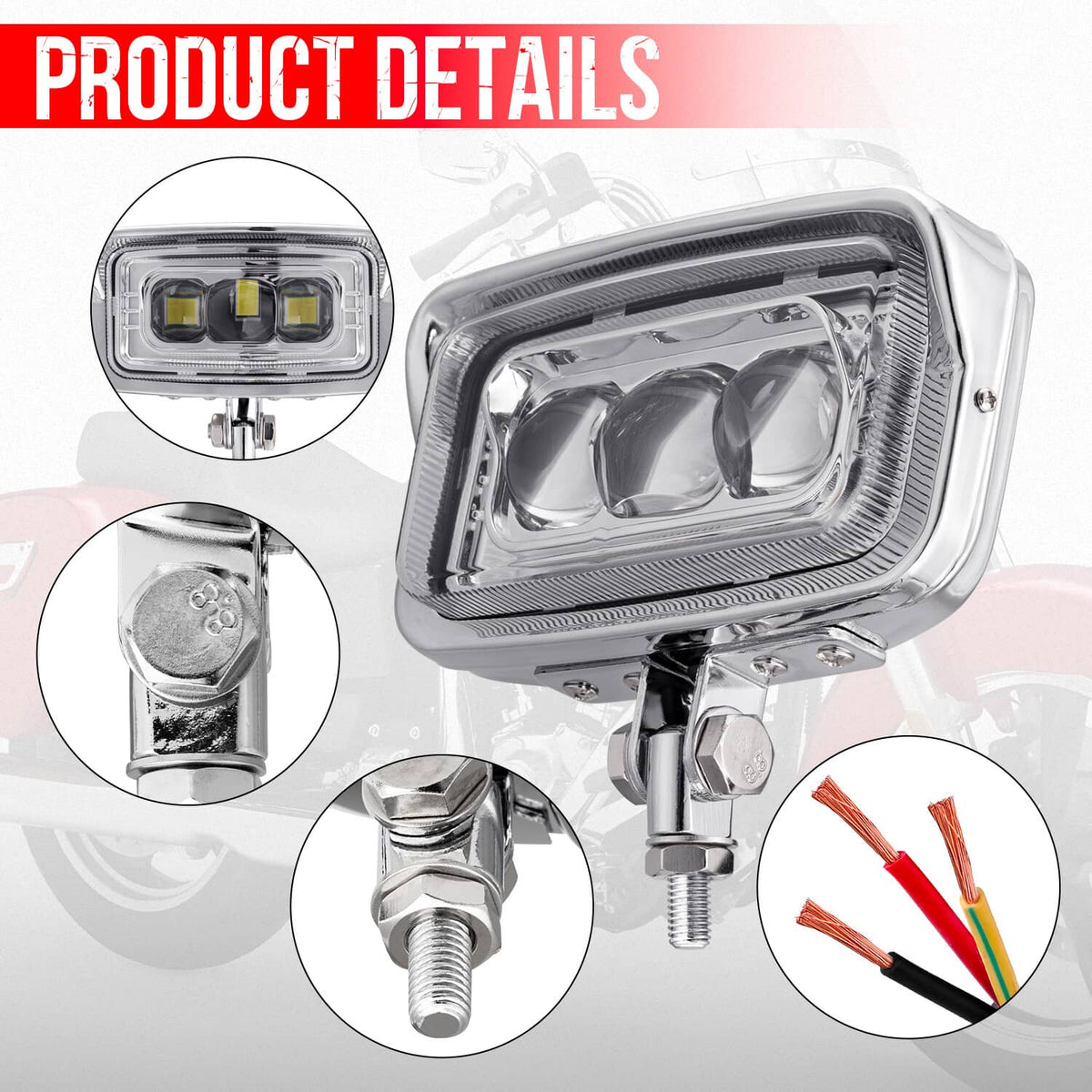 RivetOak Front Headlight Rectangle LED Lamp w/ Hi/Lo for Harley Honda Cafe Racer Custom
