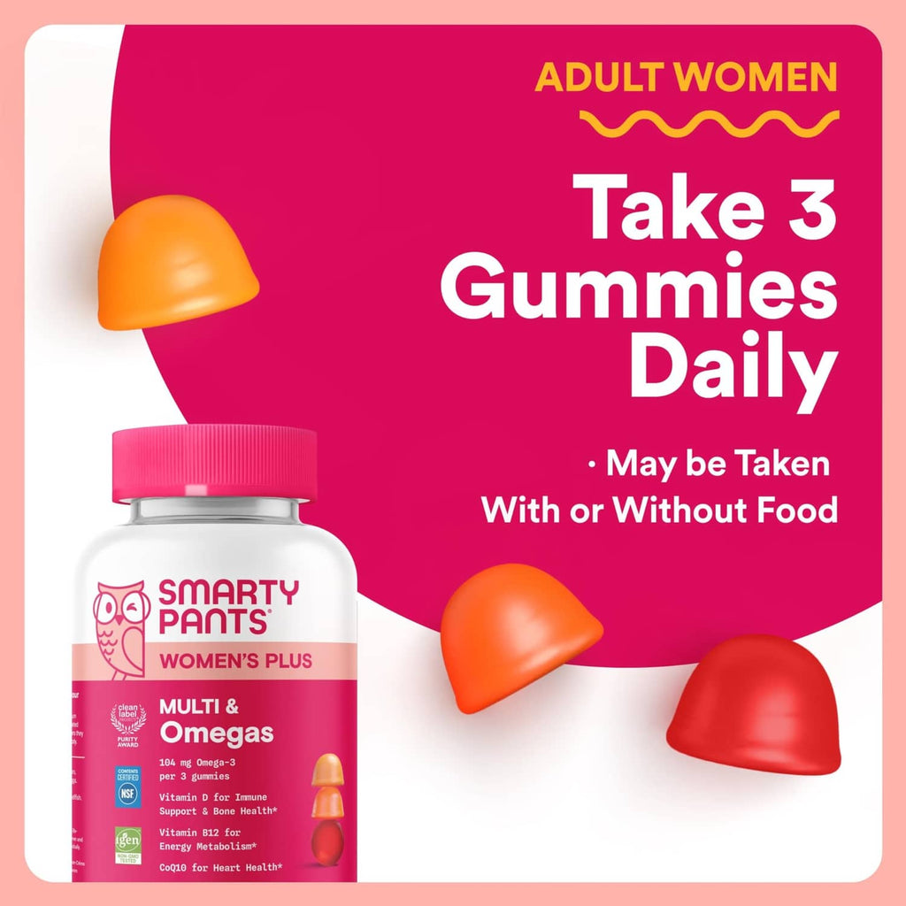 Women’s gummy supplement bottle with three orange heart gummies and daily-use benefits graphic
