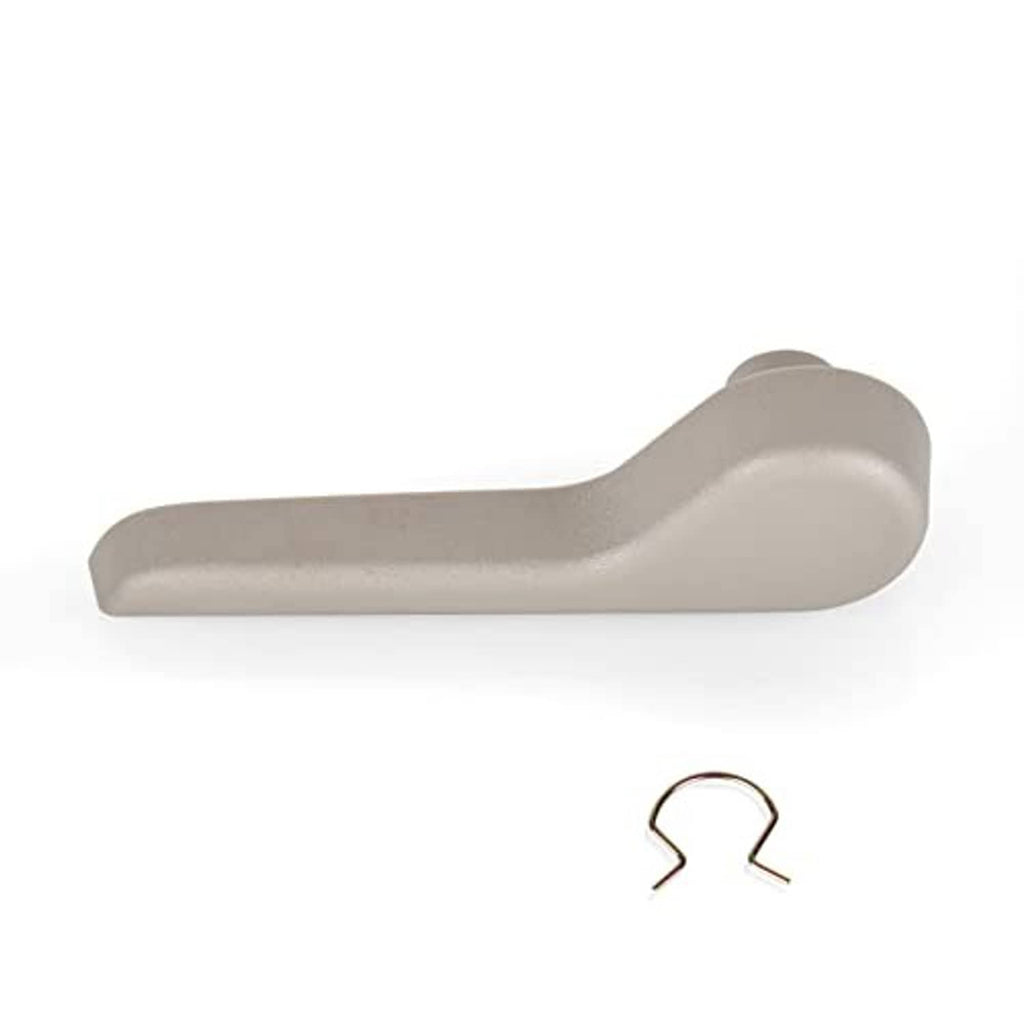 Gray seat recliner adjustment lever handle with curved grip and rounded end.