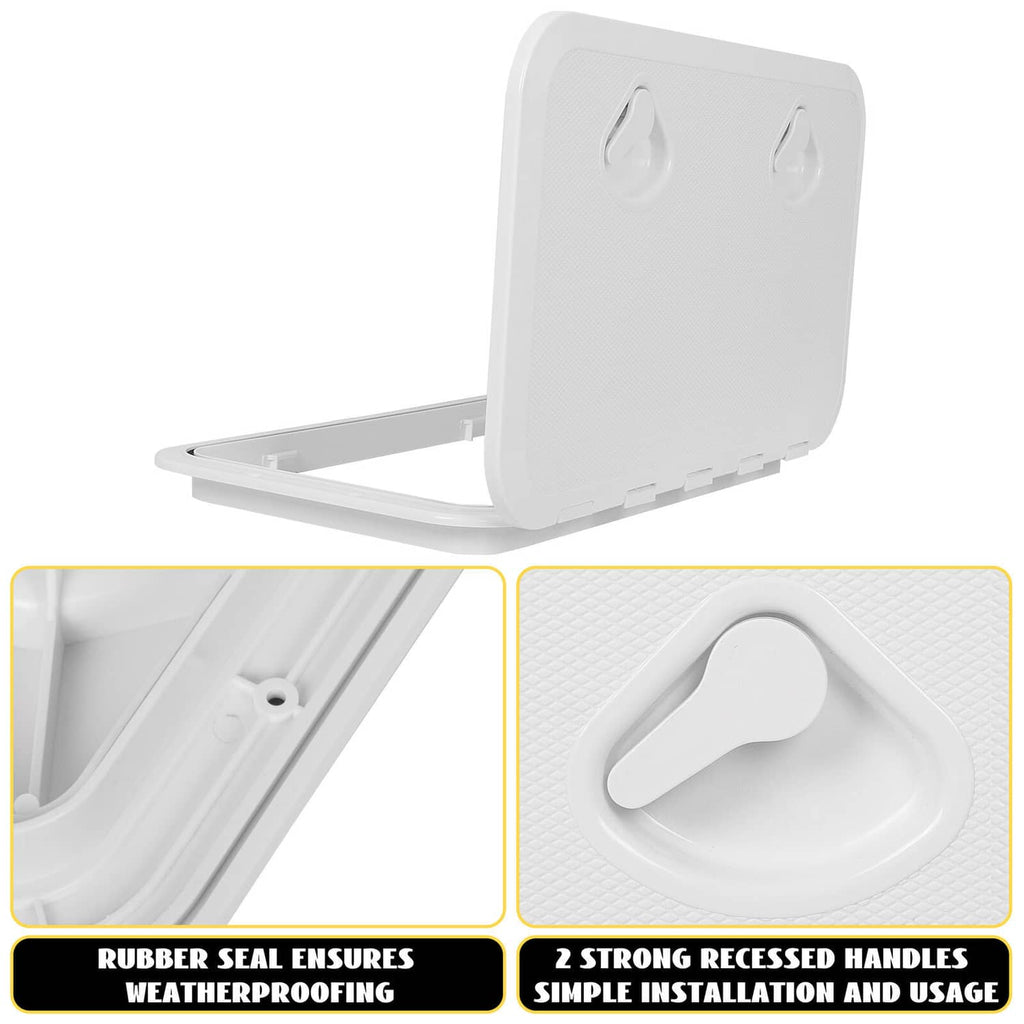 White marine hatch lid open with textured grip area and recessed handle detail