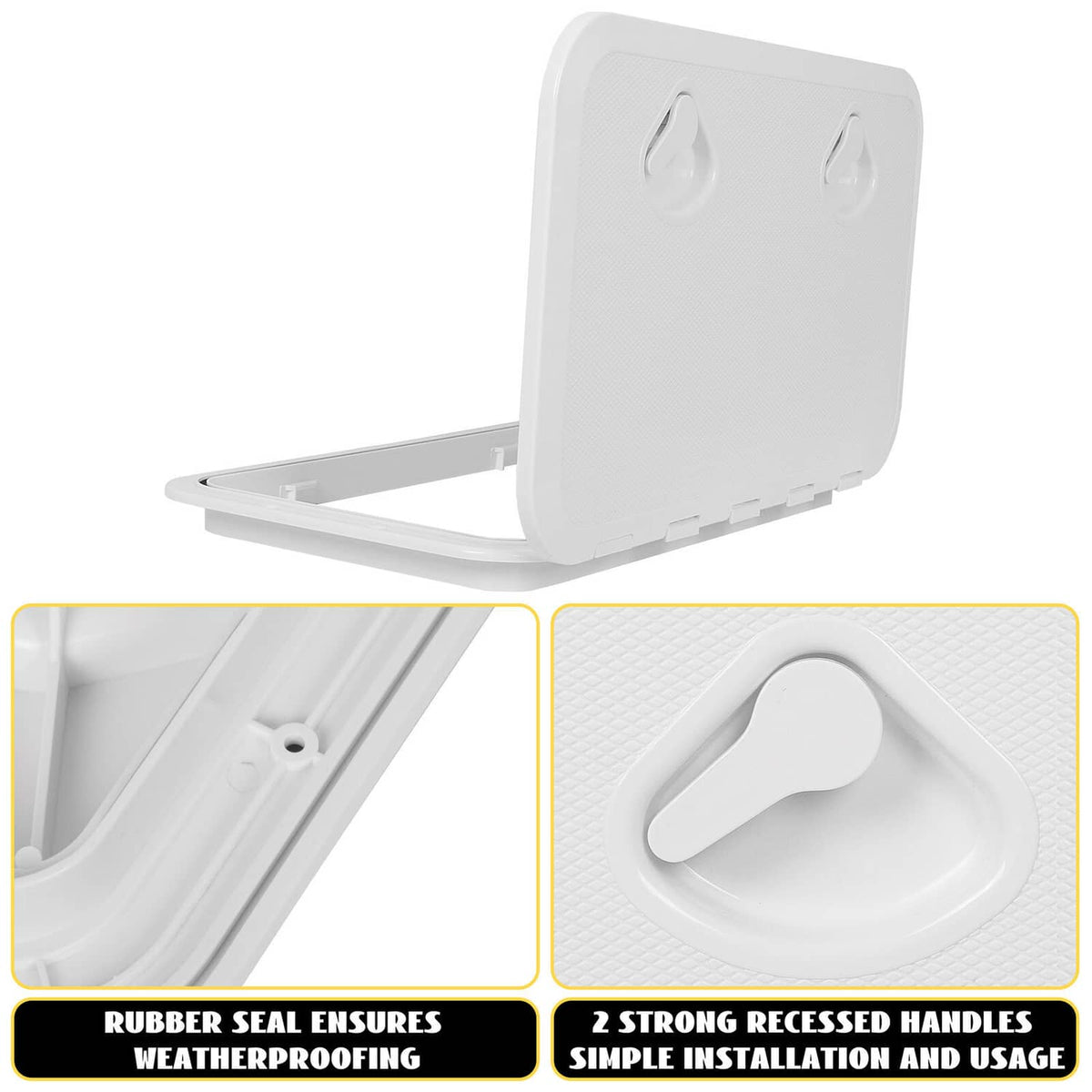 White marine hatch lid open with textured grip area and recessed handle detail