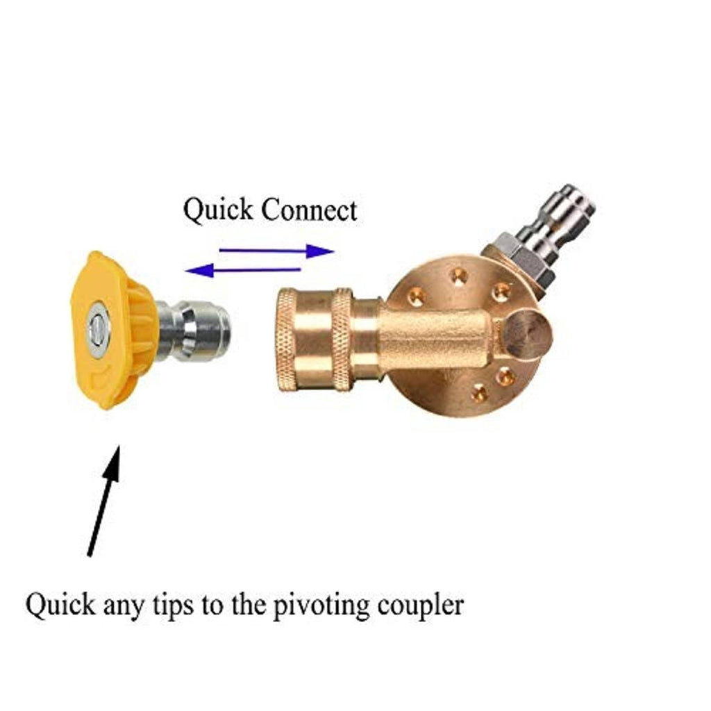 Quick-connect adapter joining to brass pivoting coupler for pressure washer tips
