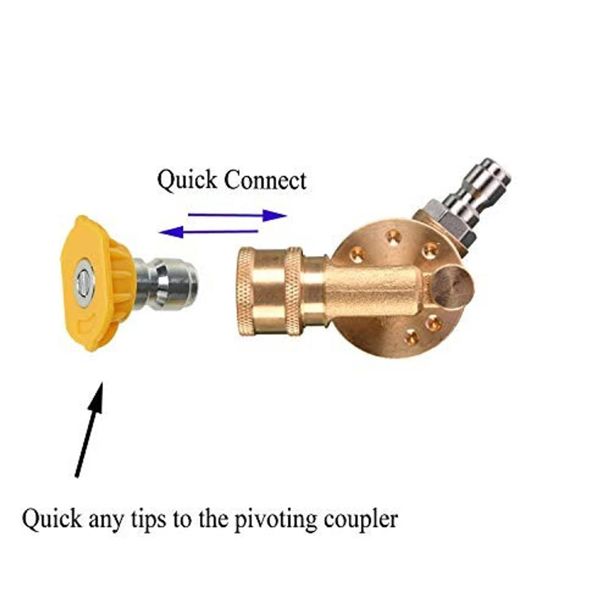 Quick-connect adapter joining to brass pivoting coupler for pressure washer tips