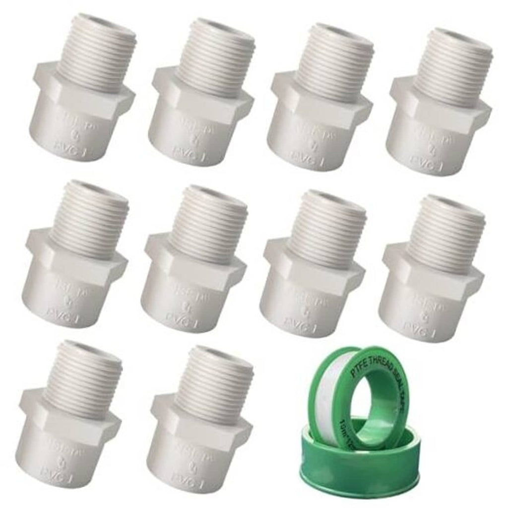 Set of 10 white 1/2 in NPT male PVC pipe adapters with threaded ends