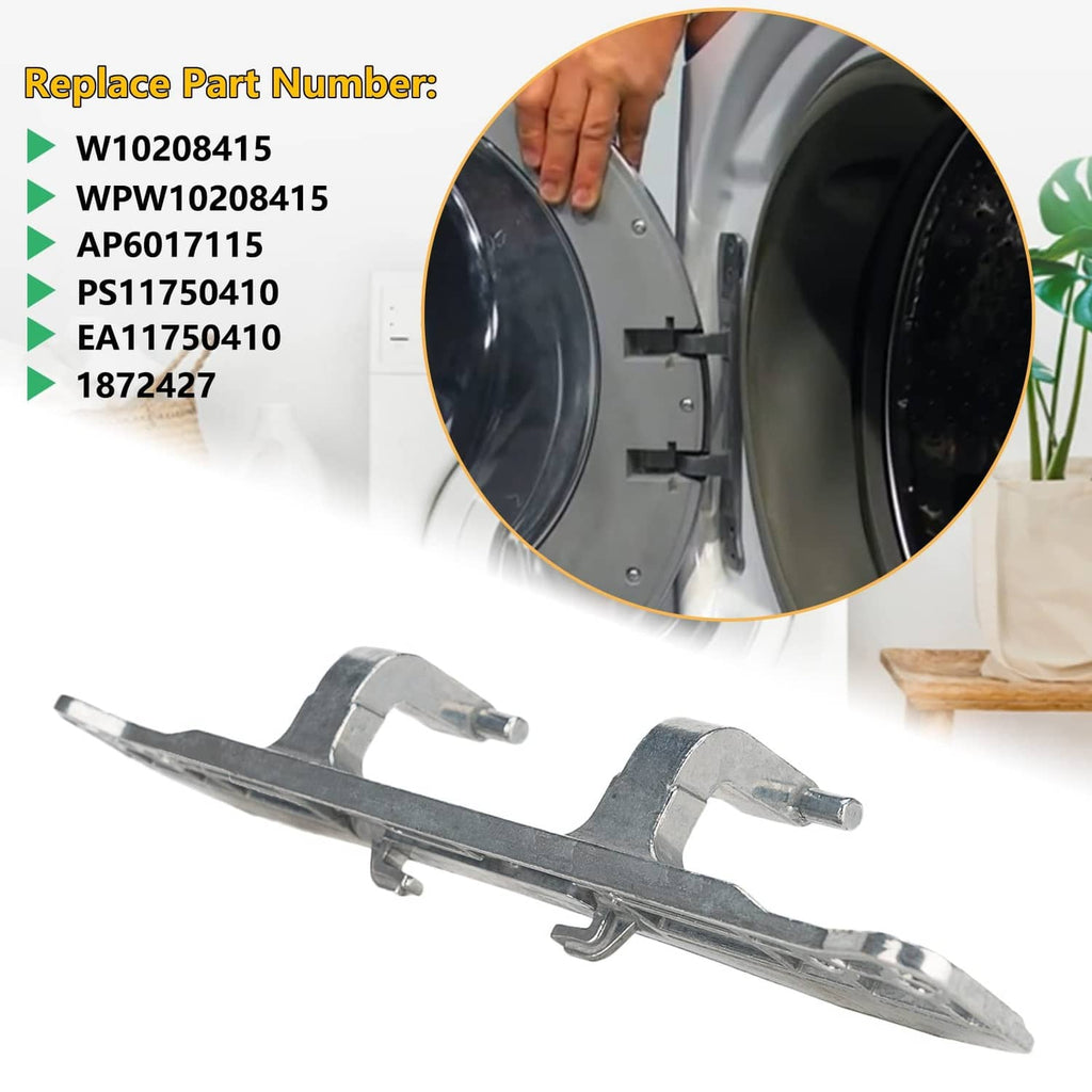 Washer door hinge latch with curved bar, two pins, and two mounting points