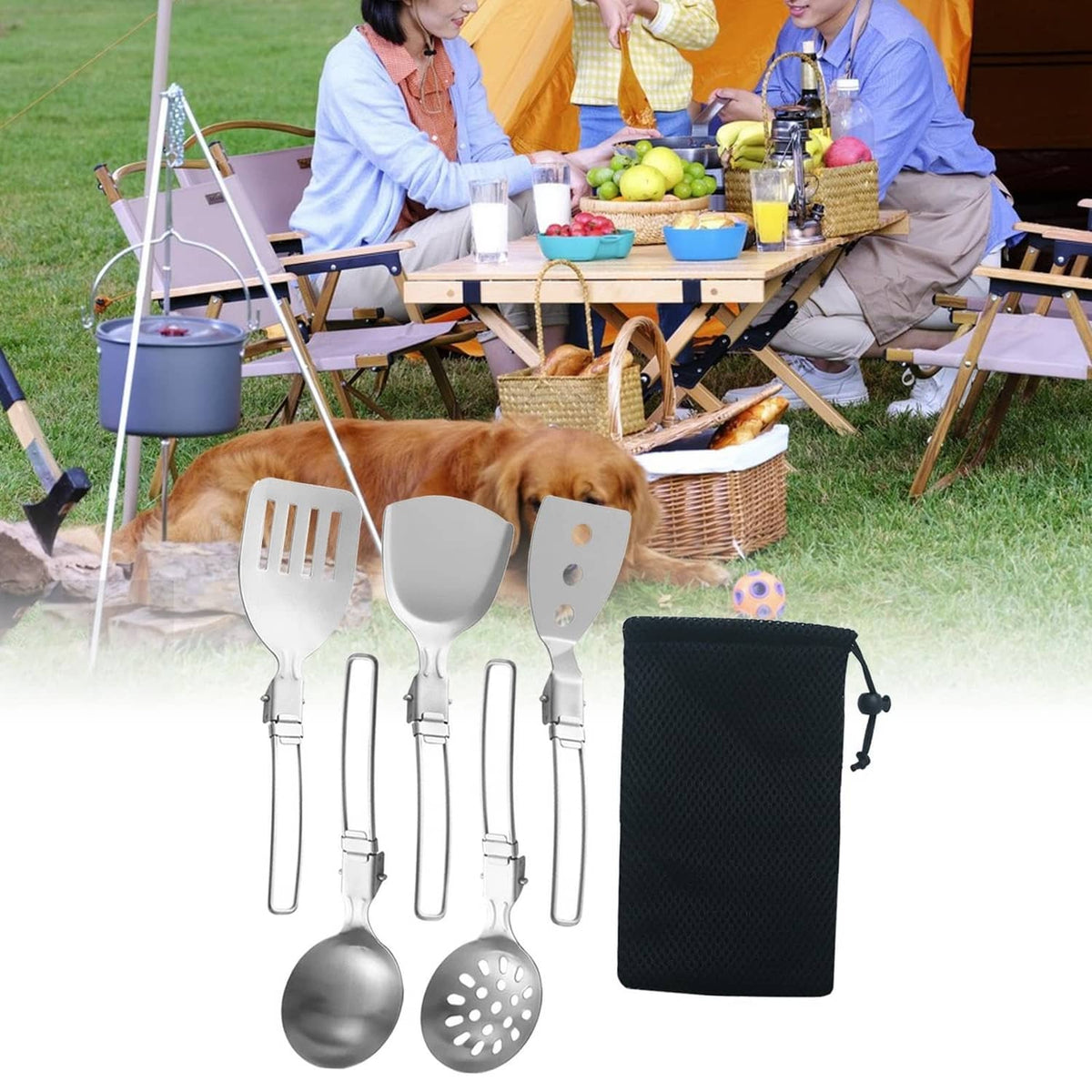 Silver six-piece camp utensil set with black pouch displayed outdoors