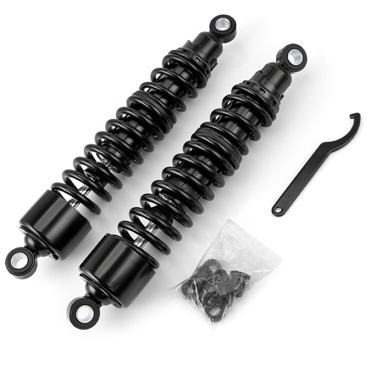 Adjustable rear motorcycle shock absorbers, black coil springs with mounting hardware and tool