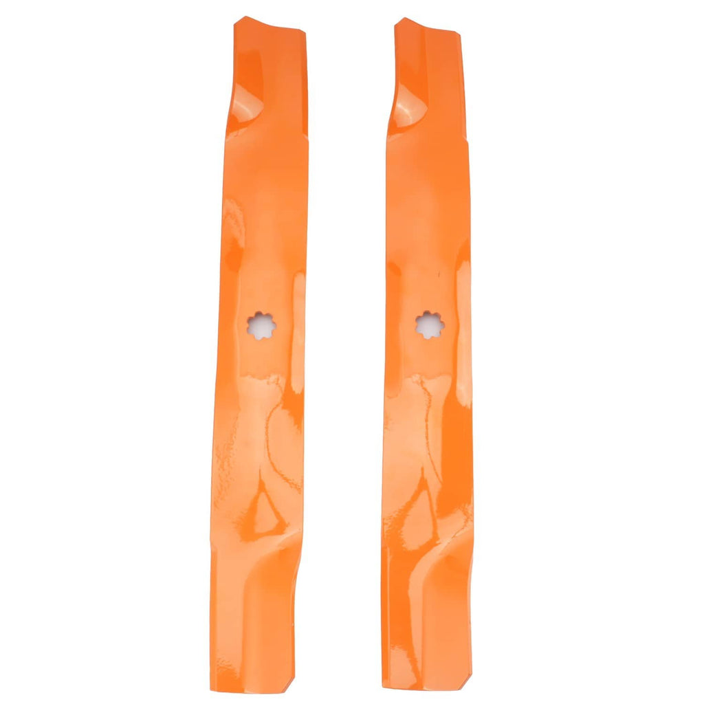 Two mower deck blades front view, orange coated long strips with center bolt holes