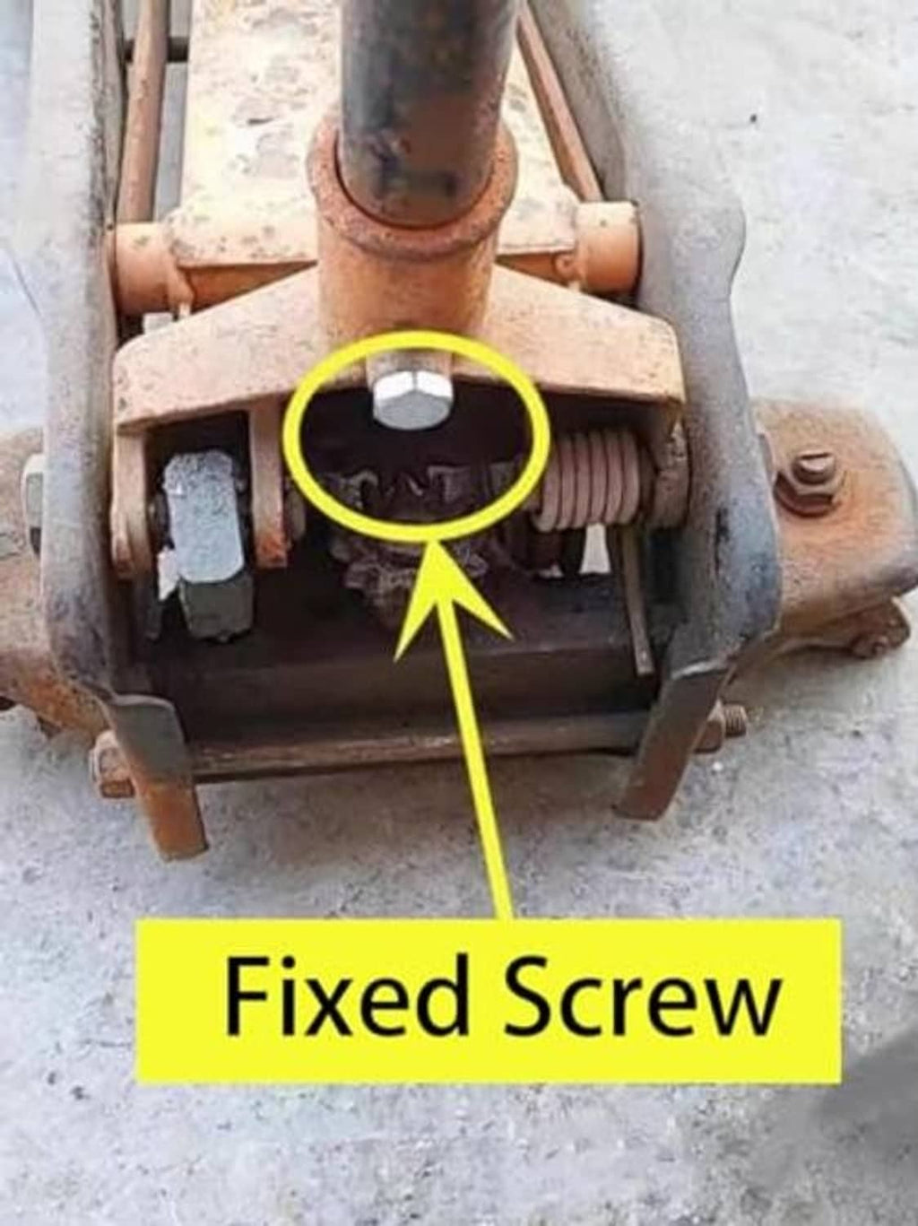 Hydraulic floor jack fixed screw on jack body, visible thread and cap