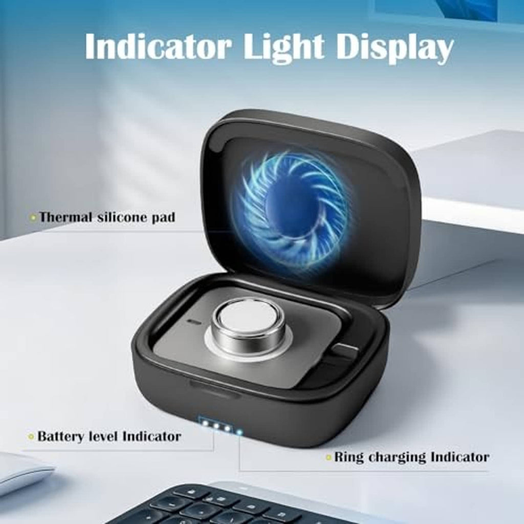 Black wireless charging case with blue-lit ring cradle and battery level LEDs
