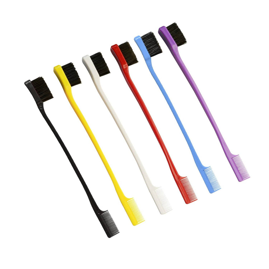 Set of 6 double-sided hair edge brushes with black bristles and multicolor handles