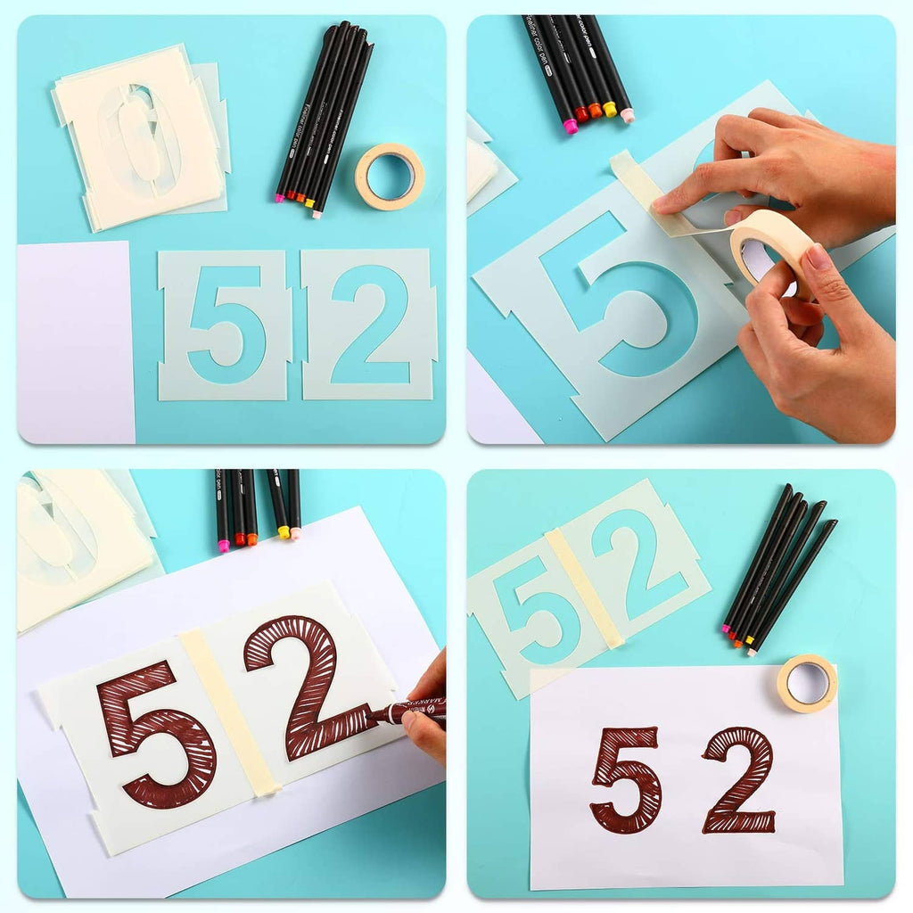 Address number stencil set with stencil sheets, marking pens, and masking tape