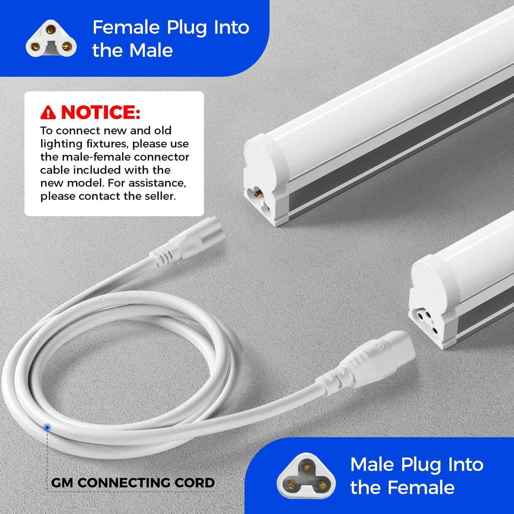 T5 LED light fixture end with white connecting cord and male/female plug connectors