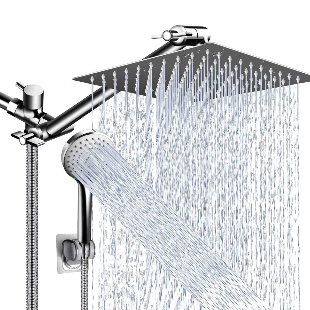 Chrome 10-inch rain showerhead with adjustable arm and wall-mounted diverter valve