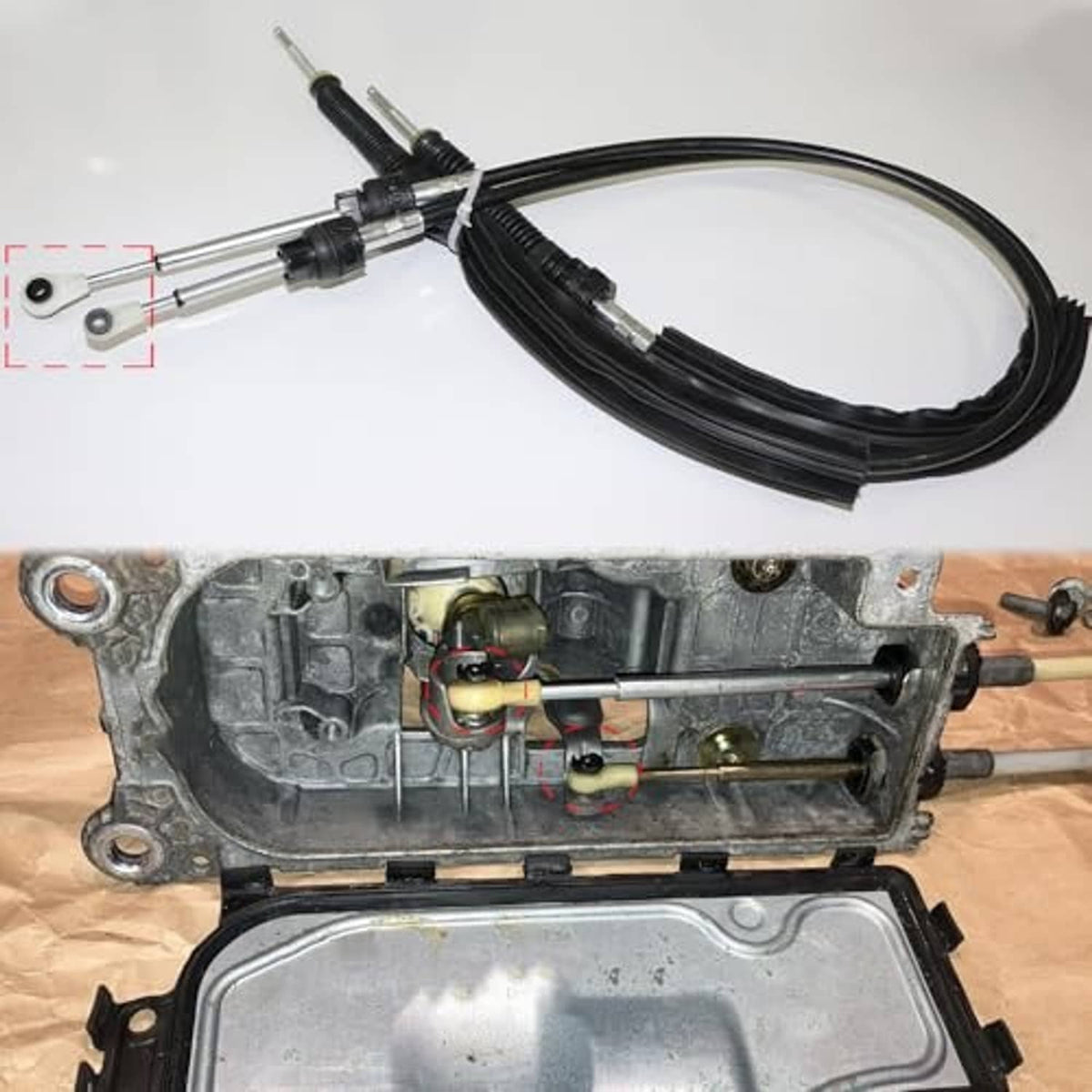 Manual transmission shift cable assembly with bushing areas and attached bracket