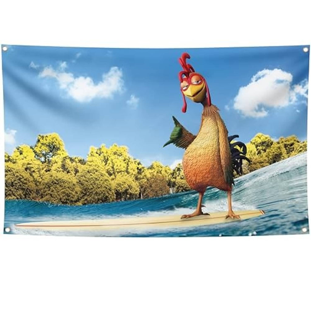 Cartoon chicken banner poster featuring a standing chicken on a surfboard in a seaside scene