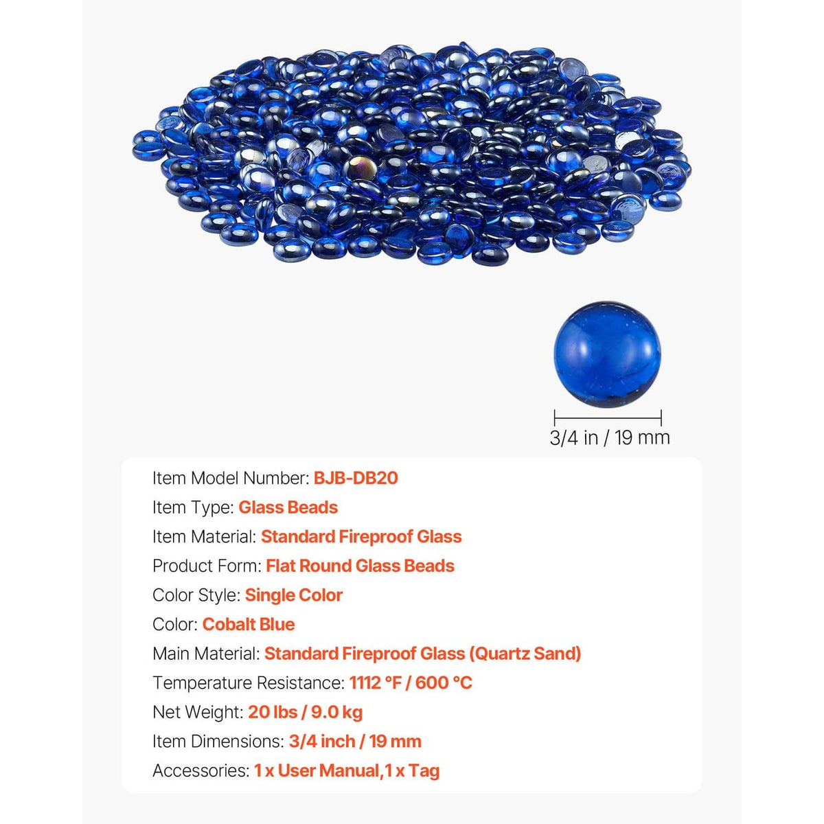 Cobalt blue round fire pit glass stones bundle with a single bead size reference