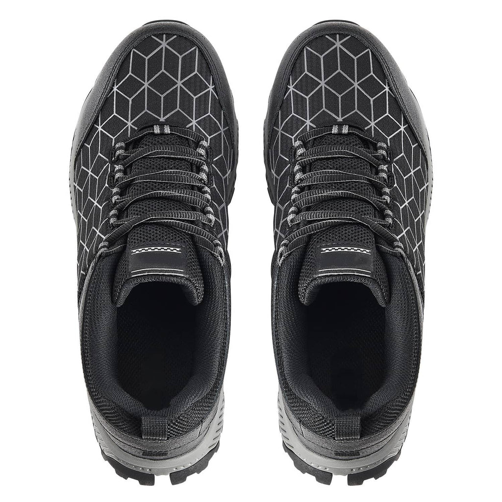 Men's black lace-up steel toe work sneakers, geometric upper panel