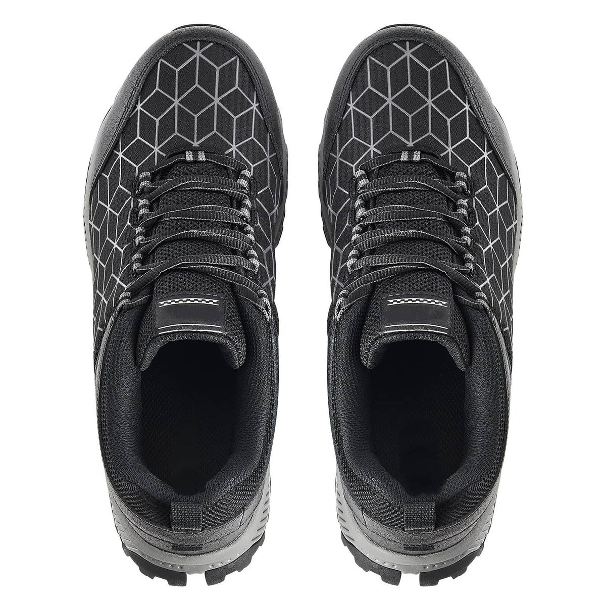Men's black lace-up steel toe work sneakers, geometric upper panel