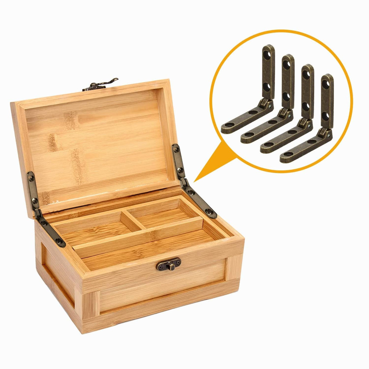Bronze 90-degree hinge installed on wooden jewelry box lid with matching set