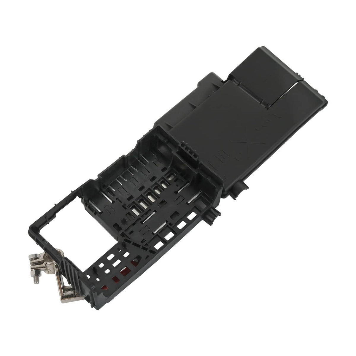 Battery fuse box terminal with cover, angled view of black internal fuse slots