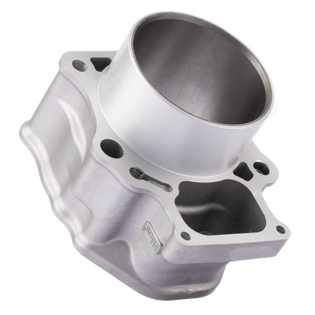 Aluminum cylinder block with cylinder bore and intake/exhaust openings, silver