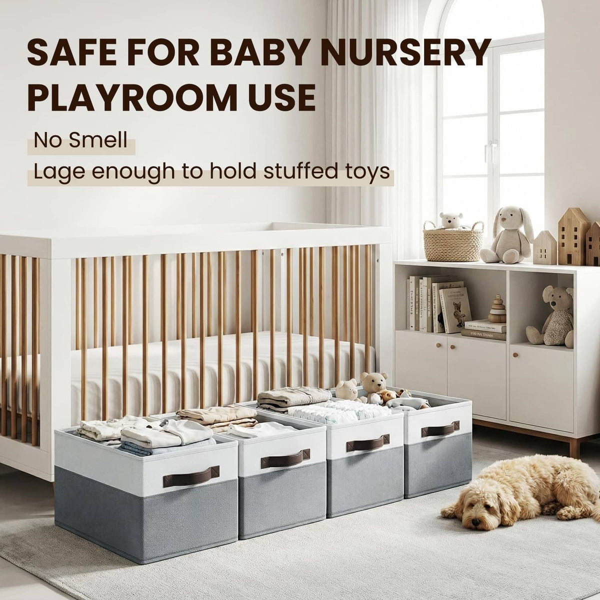 Rectangular storage bins with dark handles in a nursery playroom for toys and blankets