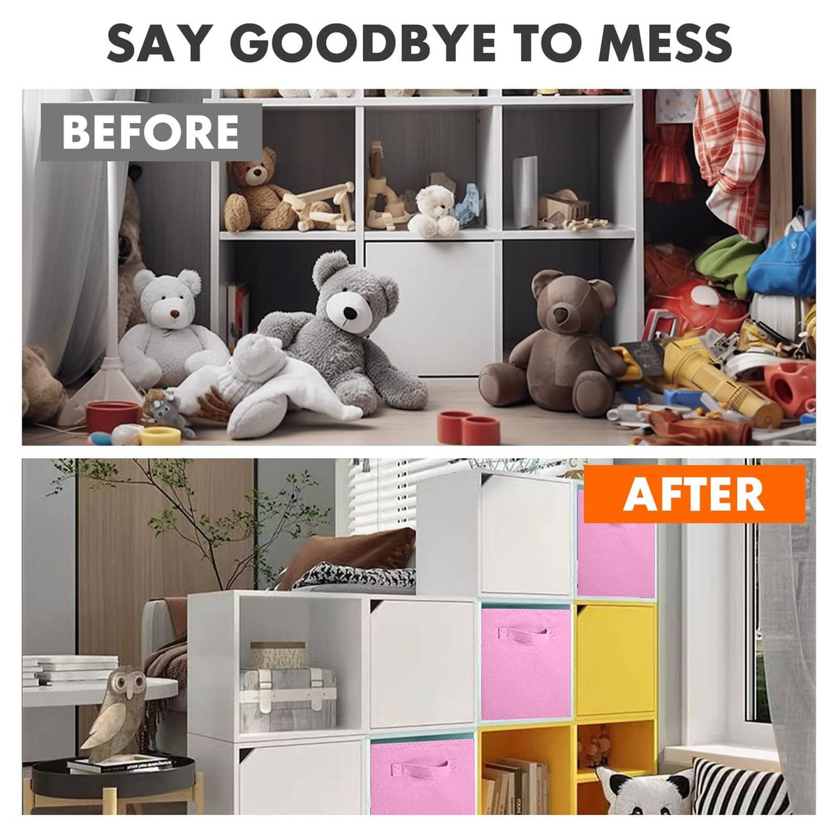 Pink fabric storage cube bins in an organizer shelf, front handles visible