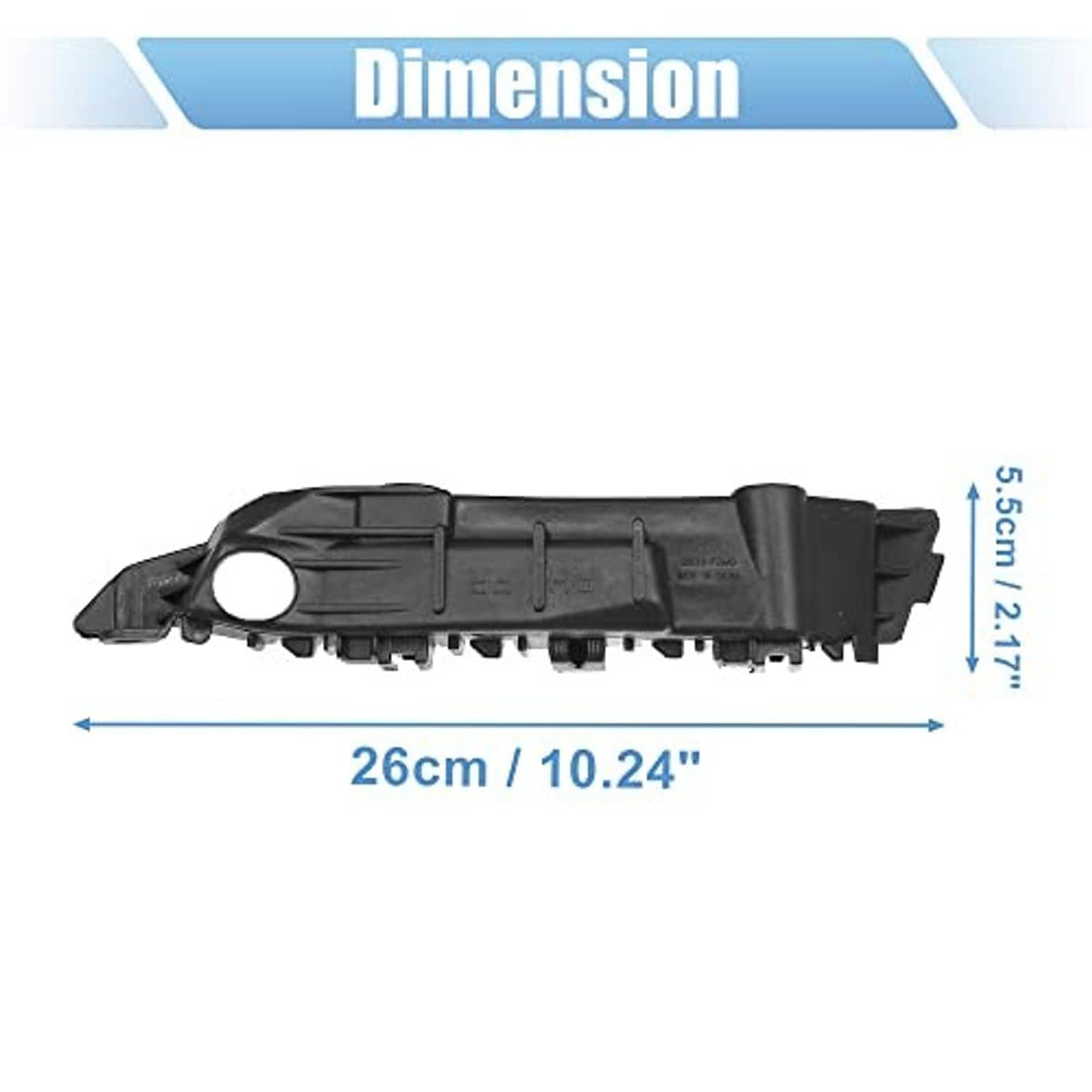 Front bumper support bracket, black plastic with circular mounting opening and tabs