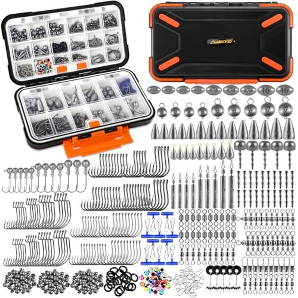 Open fishing tackle box with orange trim, metal hooks, sinkers, swivels, and lures