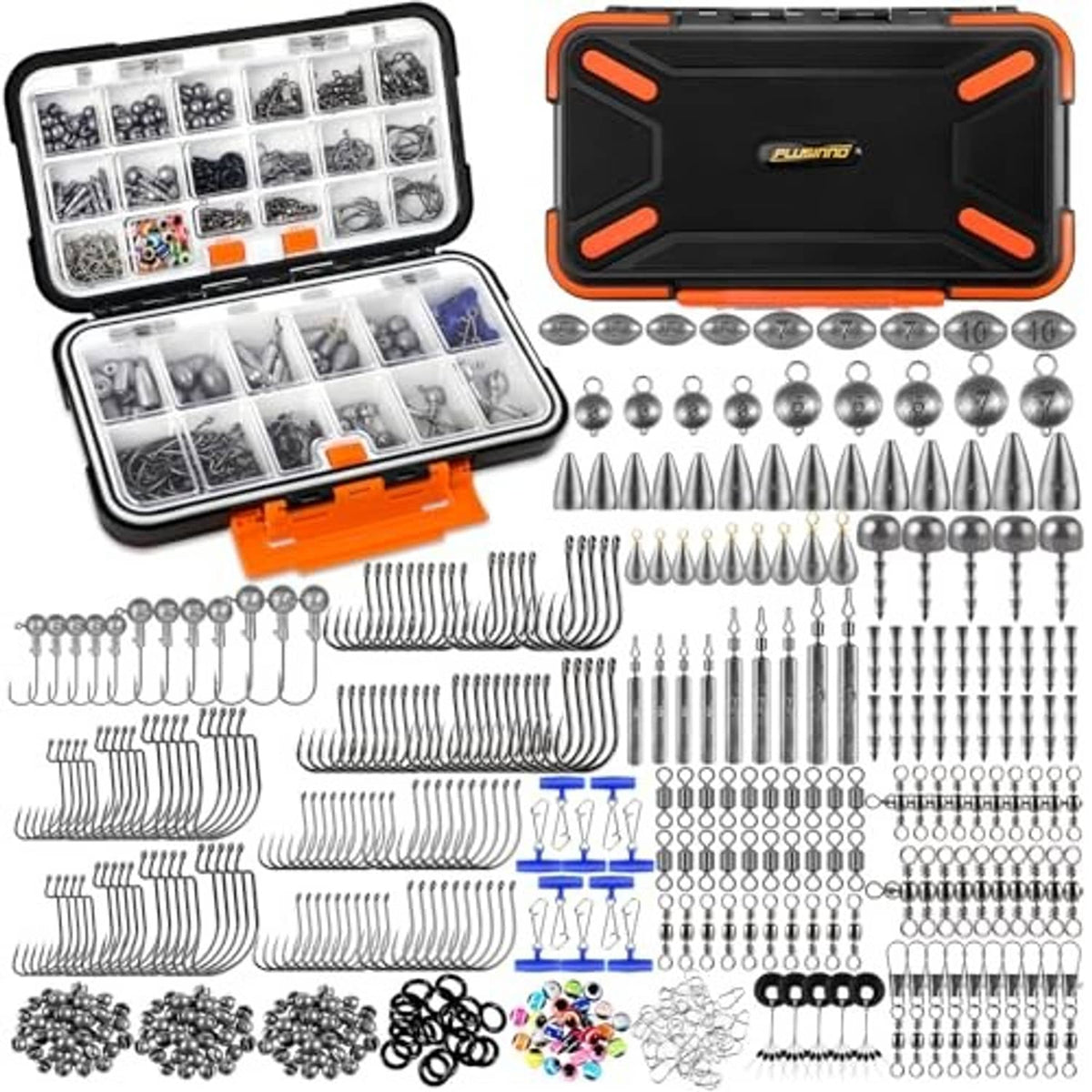 Open fishing tackle box with orange trim, metal hooks, sinkers, swivels, and lures