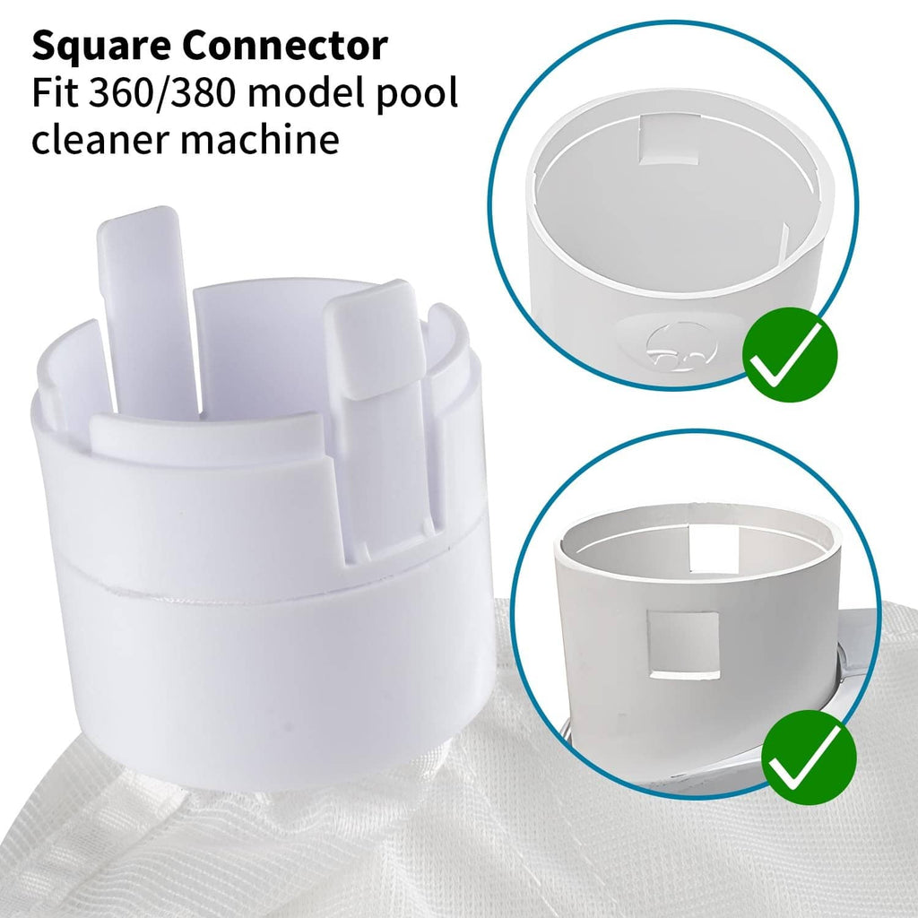 White pool cleaner replacement bag with square connector adapter and fastening tabs