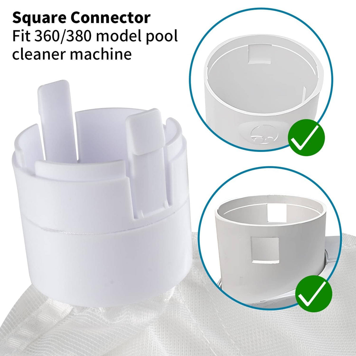White pool cleaner replacement bag with square connector adapter and fastening tabs