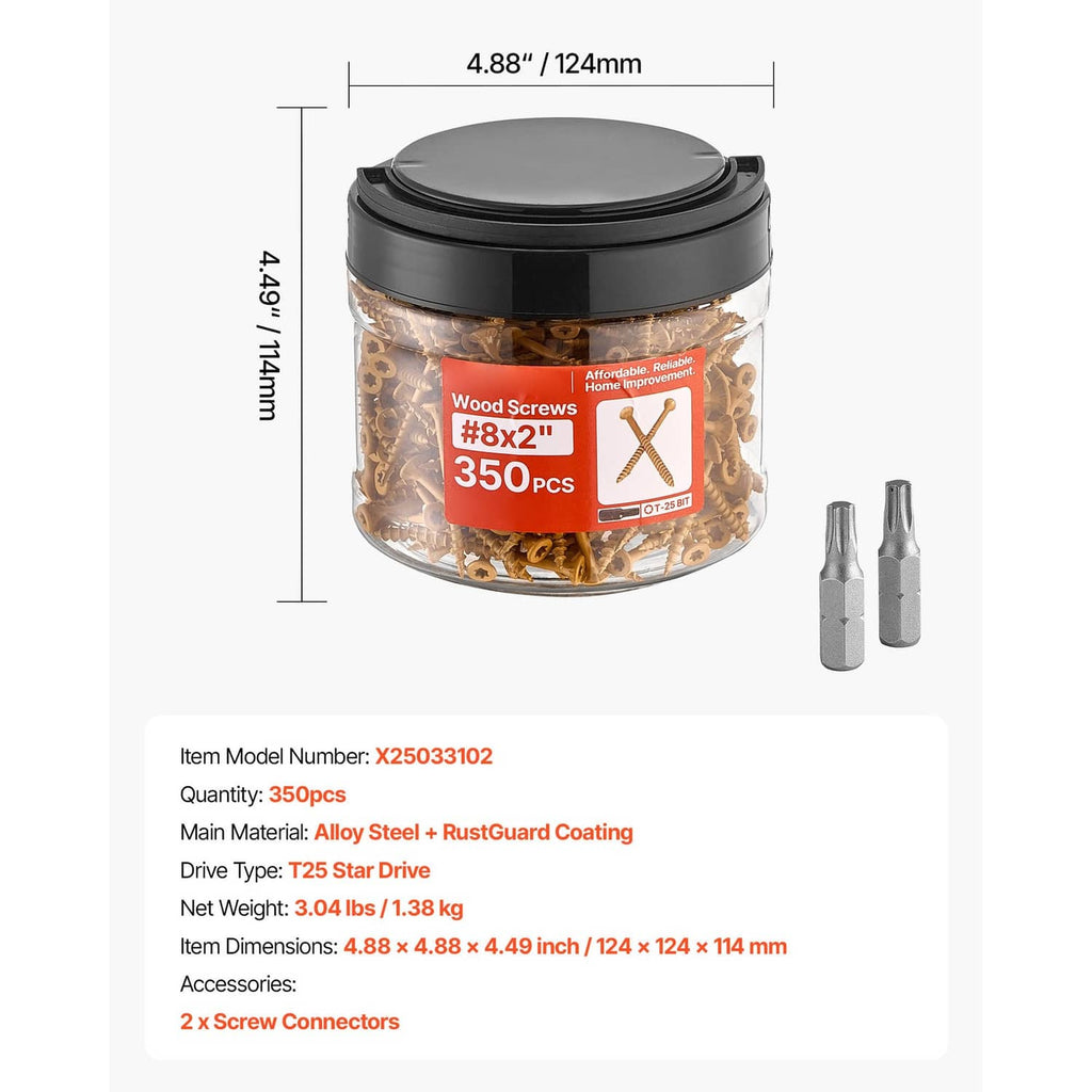 Wood screw jar size diagram with gold T25 screws and two connectors