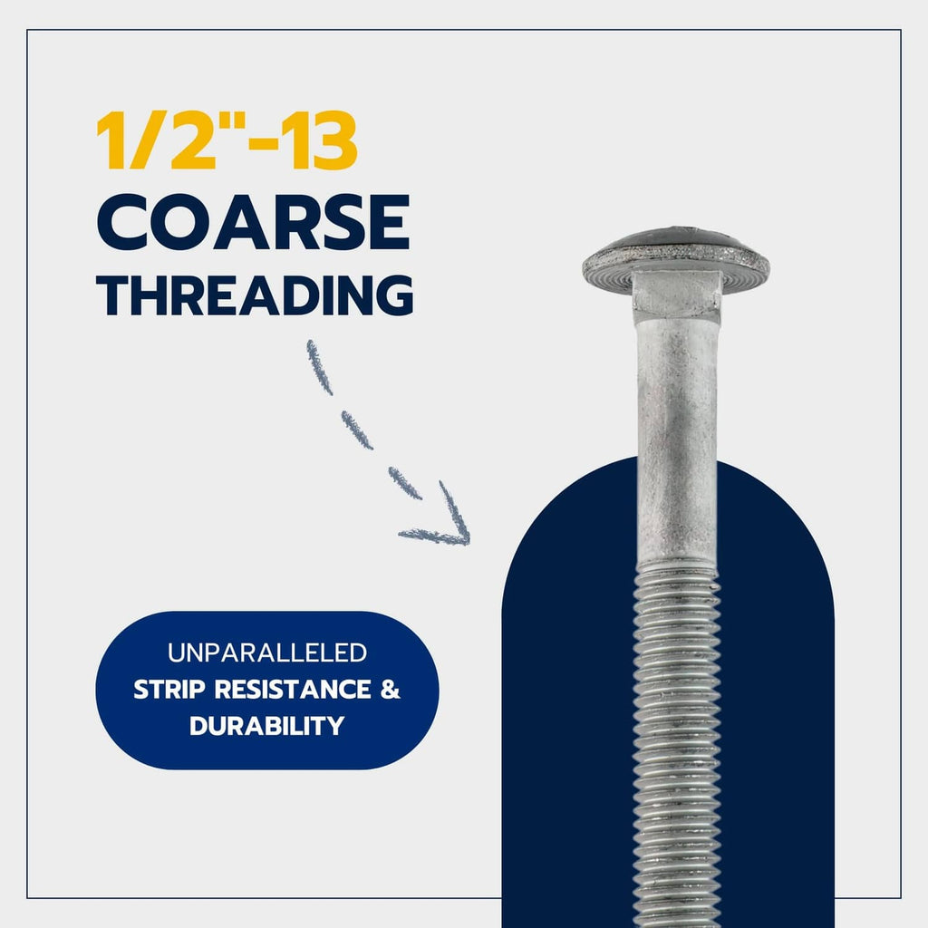 Galvanized 1/2-13 coarse threaded carriage bolt with round head and hex nut