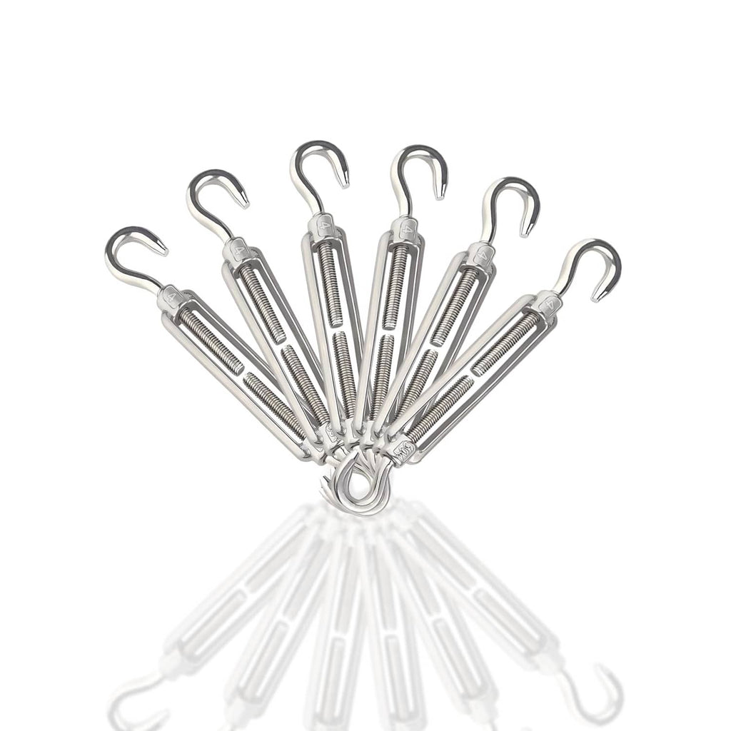 Six-pack M4 turnbuckle hooks in polished stainless steel, threaded adjuster bar set