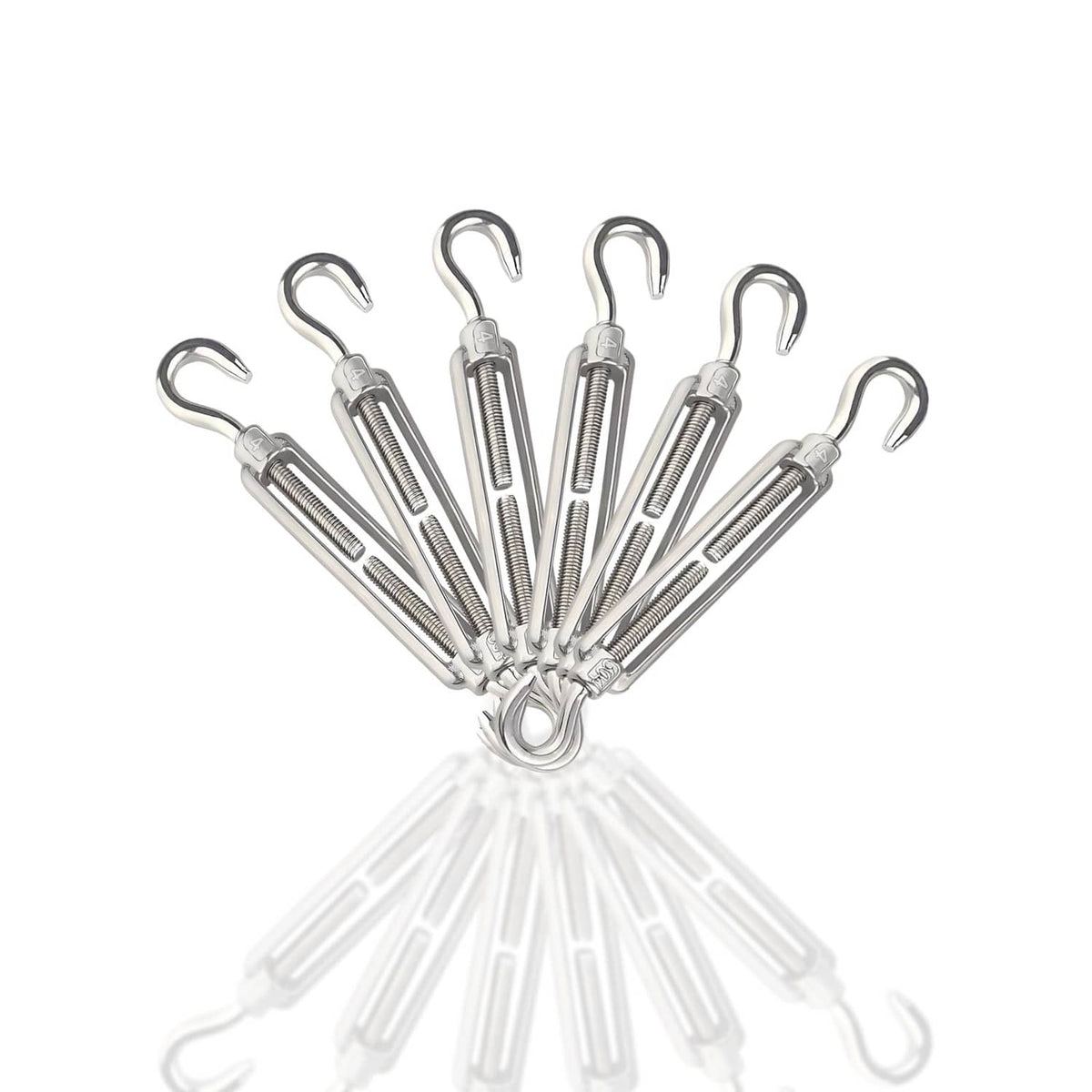 Six-pack M4 turnbuckle hooks in polished stainless steel, threaded adjuster bar set