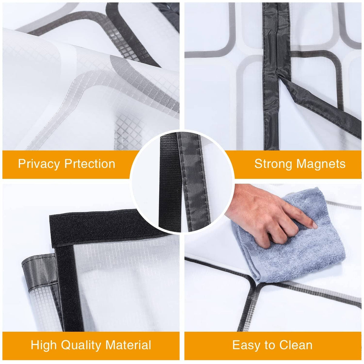 Insulated door curtain fabric close-up with gray edging and magnet attachment strip