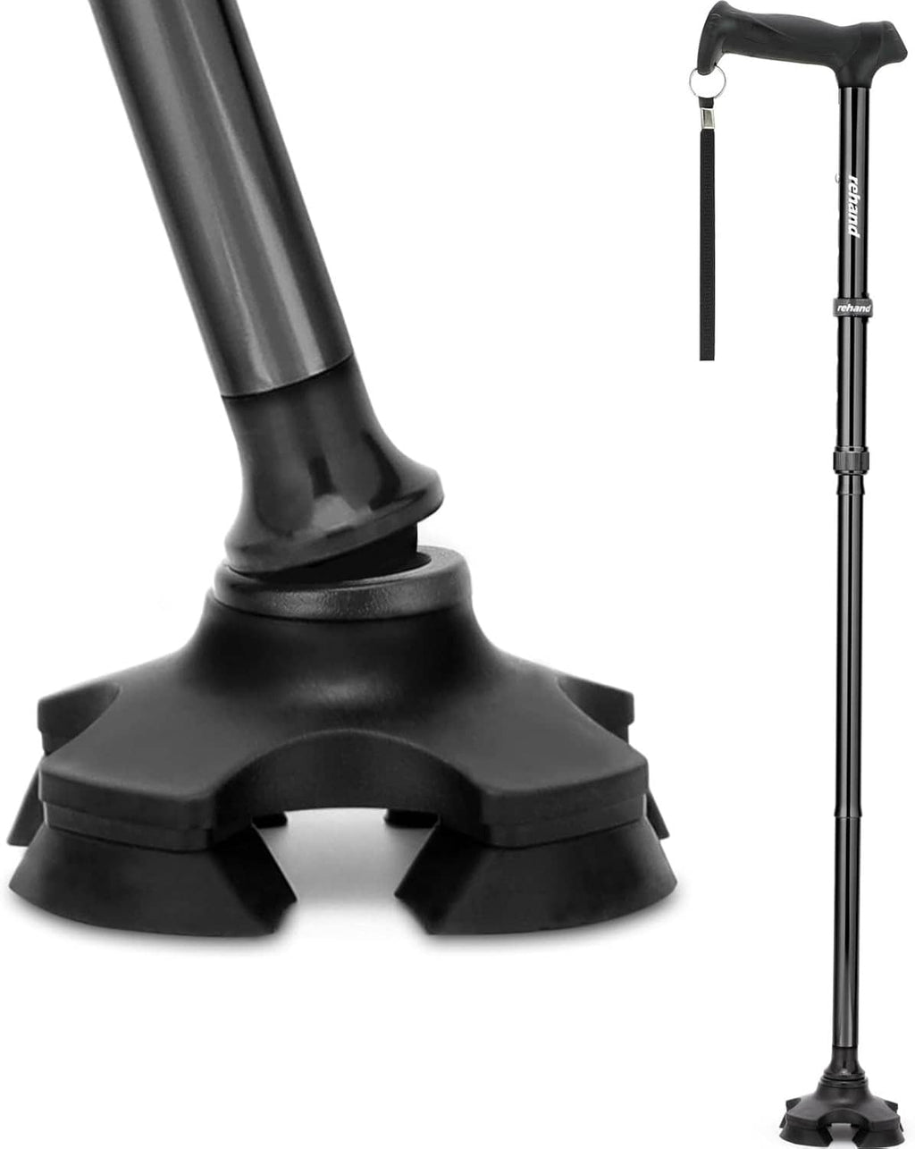 Folding walking cane close-up of black pivot base, adjustable shaft, and comfort handle.