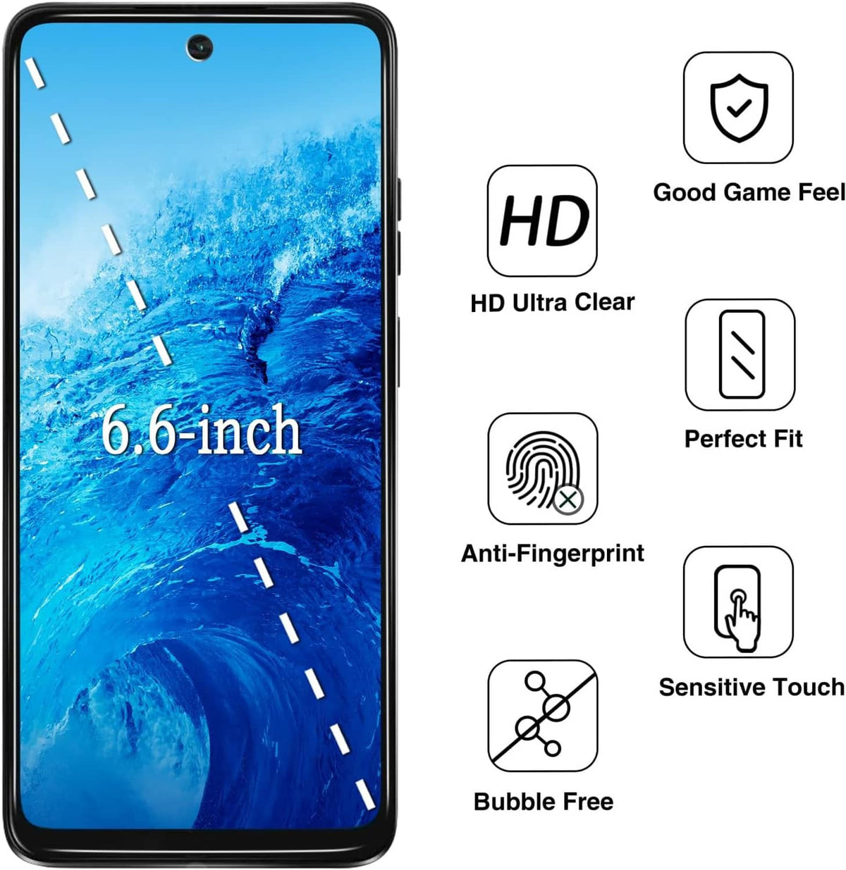Tempered screen protector films with 6.6-inch sizing and anti-fingerprint features